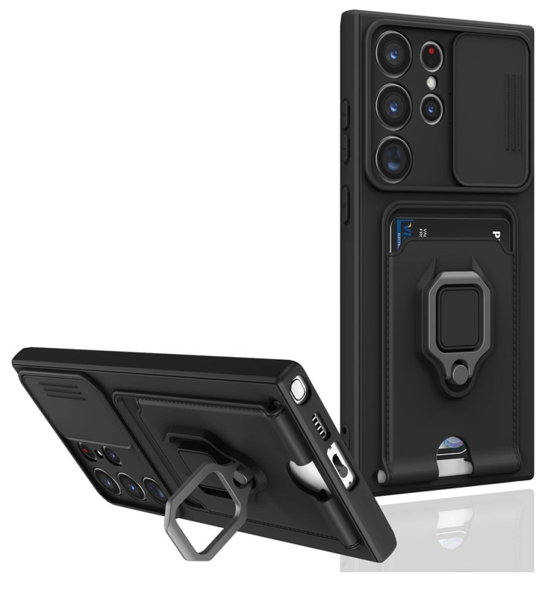 for Samsung Galaxy S24 Ultra 5G with Card Slot, Sliding Camera Cover and Built in Rotatable Ring Holder Kickstand, Black