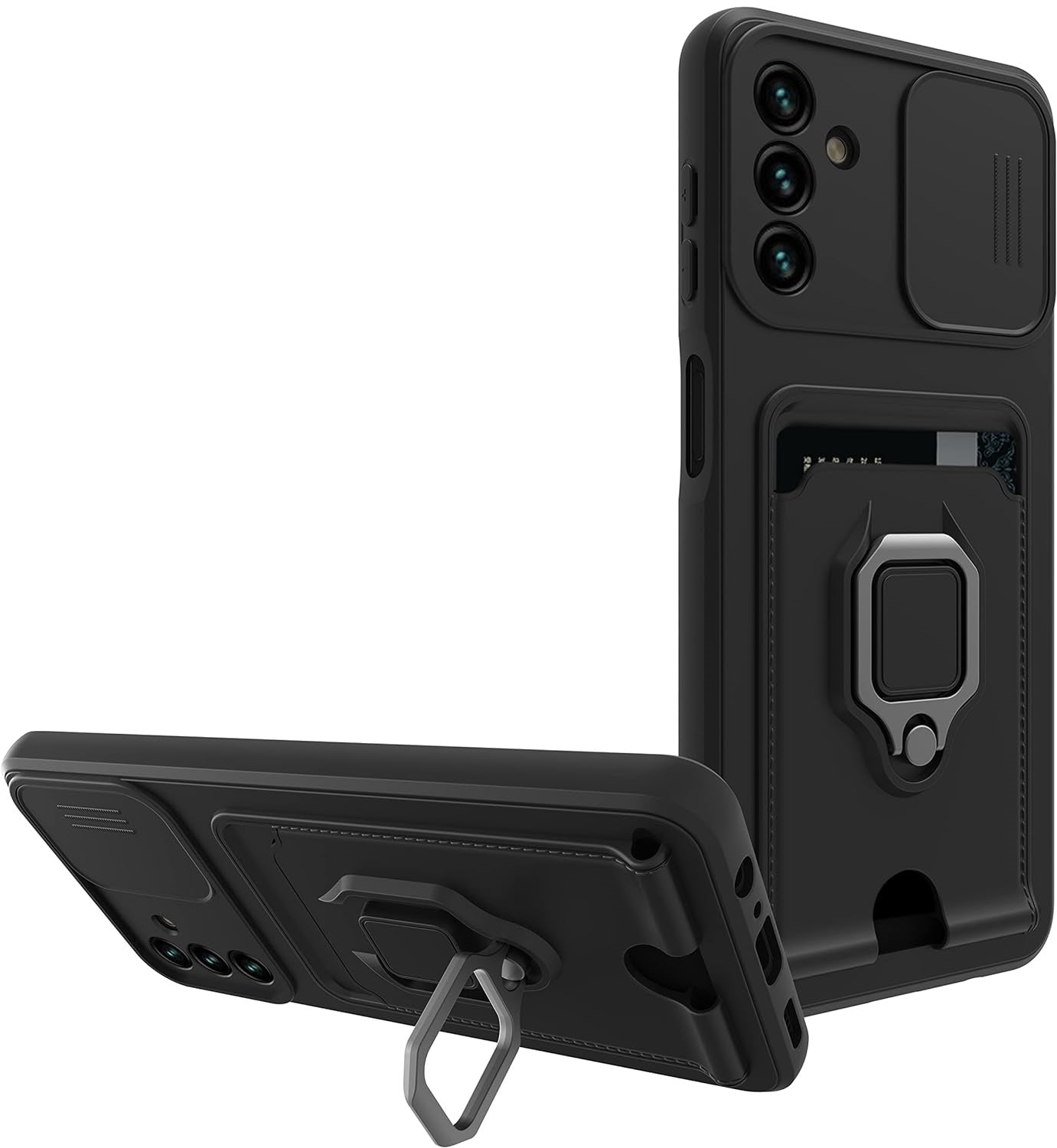 for Samsung Galaxy A25 5G with Card Slot, Sliding Camera Cover and Built in Rotatable Ring Holder Kickstand, Black