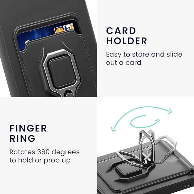 for Samsung Galaxy S24 Ultra 5G with Card Slot, Sliding Camera Cover and Built in Rotatable Ring Holder Kickstand, Black