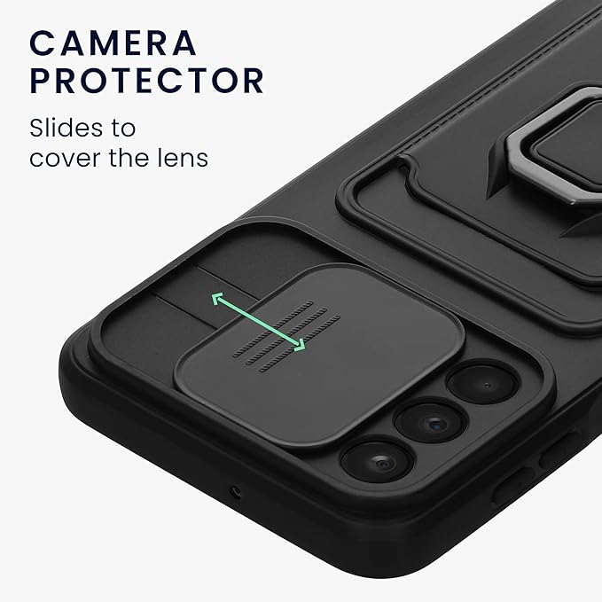 for Samsung Galaxy S24 Ultra 5G with Card Slot, Sliding Camera Cover and Built in Rotatable Ring Holder Kickstand, Black