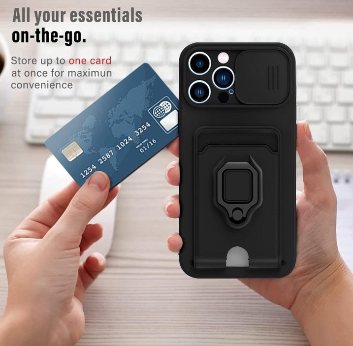 for Samsung Galaxy S24 Ultra 5G with Card Slot, Sliding Camera Cover and Built in Rotatable Ring Holder Kickstand, Black