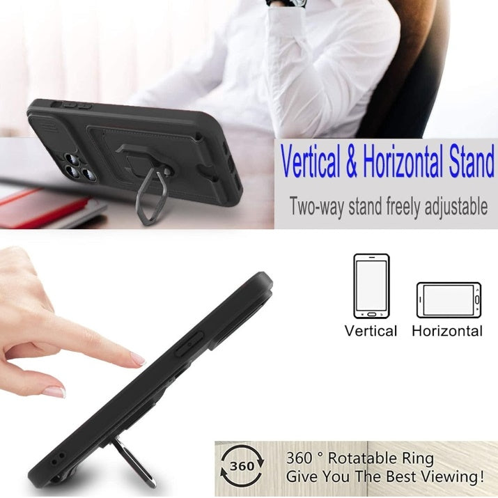 for Samsung Galaxy S24 Ultra 5G with Card Slot, Sliding Camera Cover and Built in Rotatable Ring Holder Kickstand, Black