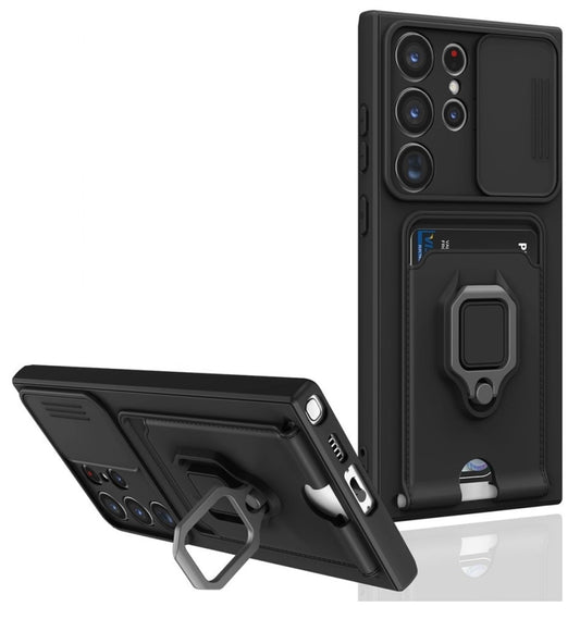 for Samsung Galaxy S24 Ultra 5G with Card Slot, Sliding Camera Cover and Built in Rotatable Ring Holder Kickstand, Black