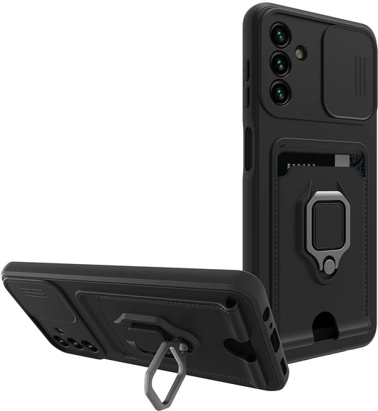 for Samsung Galaxy A25 5G with Card Slot, Sliding Camera Cover and Built in Rotatable Ring Holder Kickstand, Black