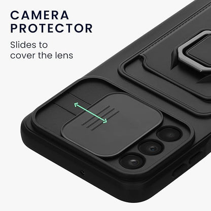 for Samsung Galaxy A15 5G with Card Slot, Sliding Camera Cover and Built in Rotatable Ring Holder Kickstand, Black